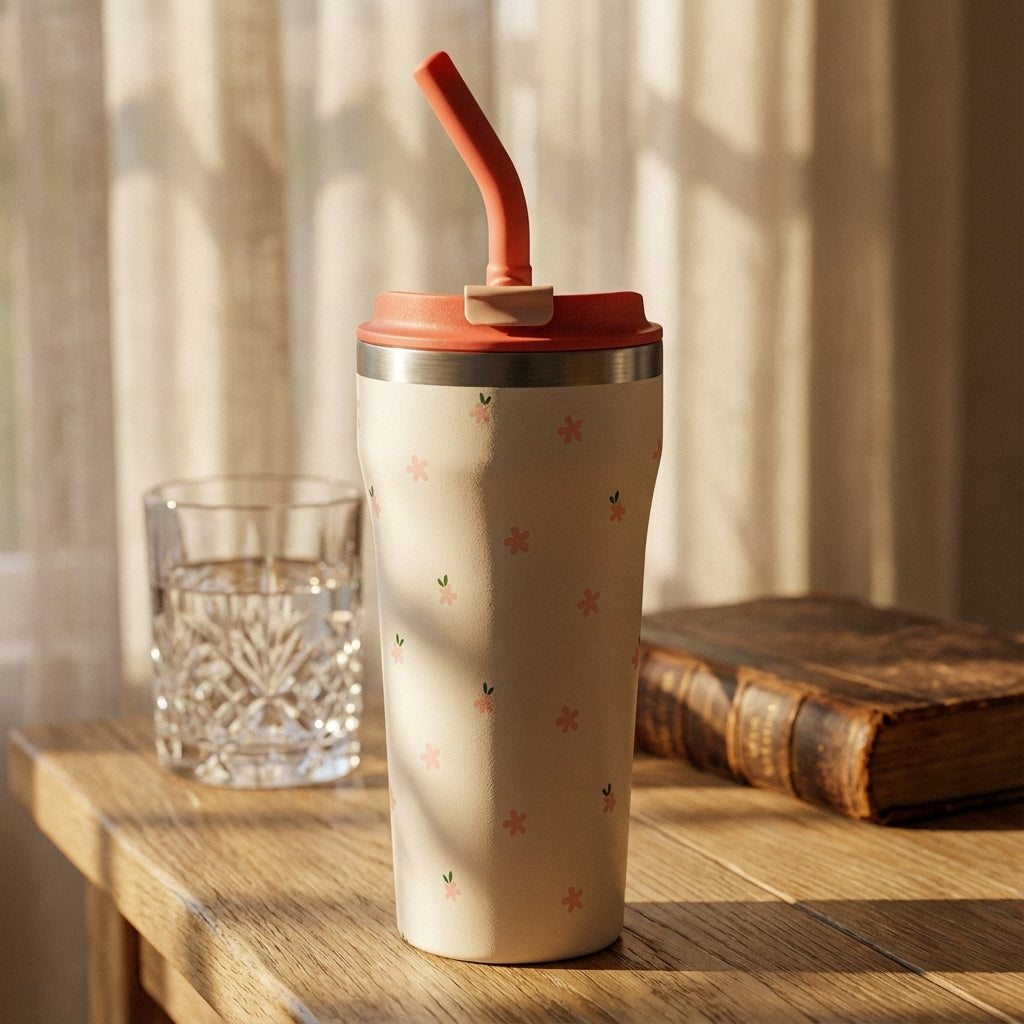 Lifestyle shot - Cream LAMOSE Bow 16 oz tumbler with small pink floral pattern and peach straw standing on a wooden table next to a vase of peonies.