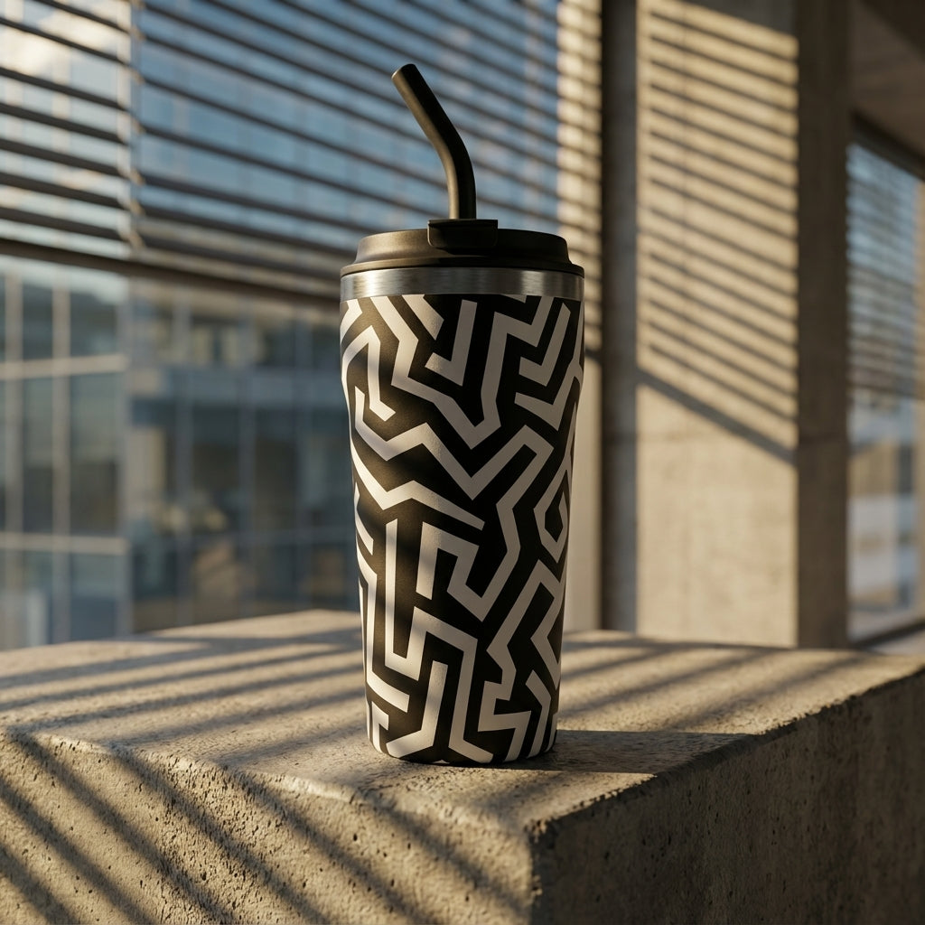 Lifestyle shot - 16 oz Bow tumbler with black and white abstract geometric maze pattern standing on an office desk