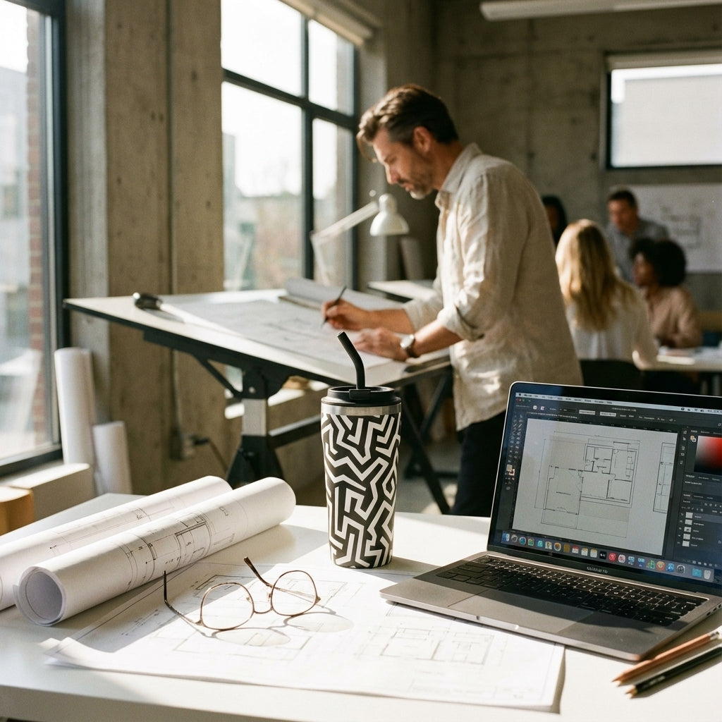 In-Use shot - 16 oz Bow tumbler with black and white abstract geometric maze pattern standing on an office desk