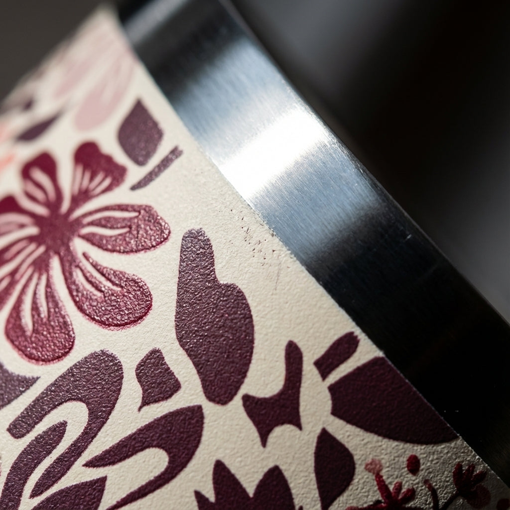 Detail shot - Cream and burgundy floral patterned 16oz insulated tumbler with matching straw sitting on a wooden table in a sunlit living room