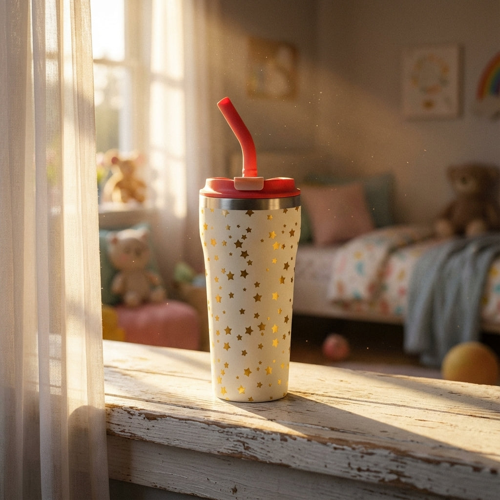 Lifestyle shot - Off-white LAMOSE Bow 16 oz tumbler with gold star pattern and coral lid sitting on a white nightstand in a sunlit child's room.