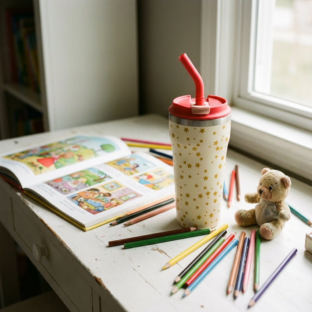 In-Use shot - Off-white LAMOSE Bow 16 oz tumbler with gold star pattern and coral lid sitting on a white nightstand in a sunlit child's room.
