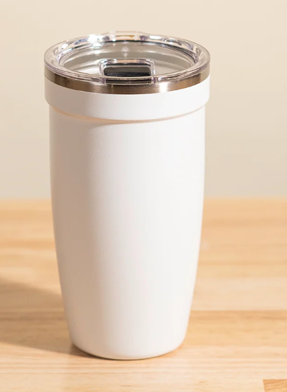 LAMOSE Peyto 16 oz white matte insulated tumbler with clear lid and black slider, standing upright on a wooden surface.