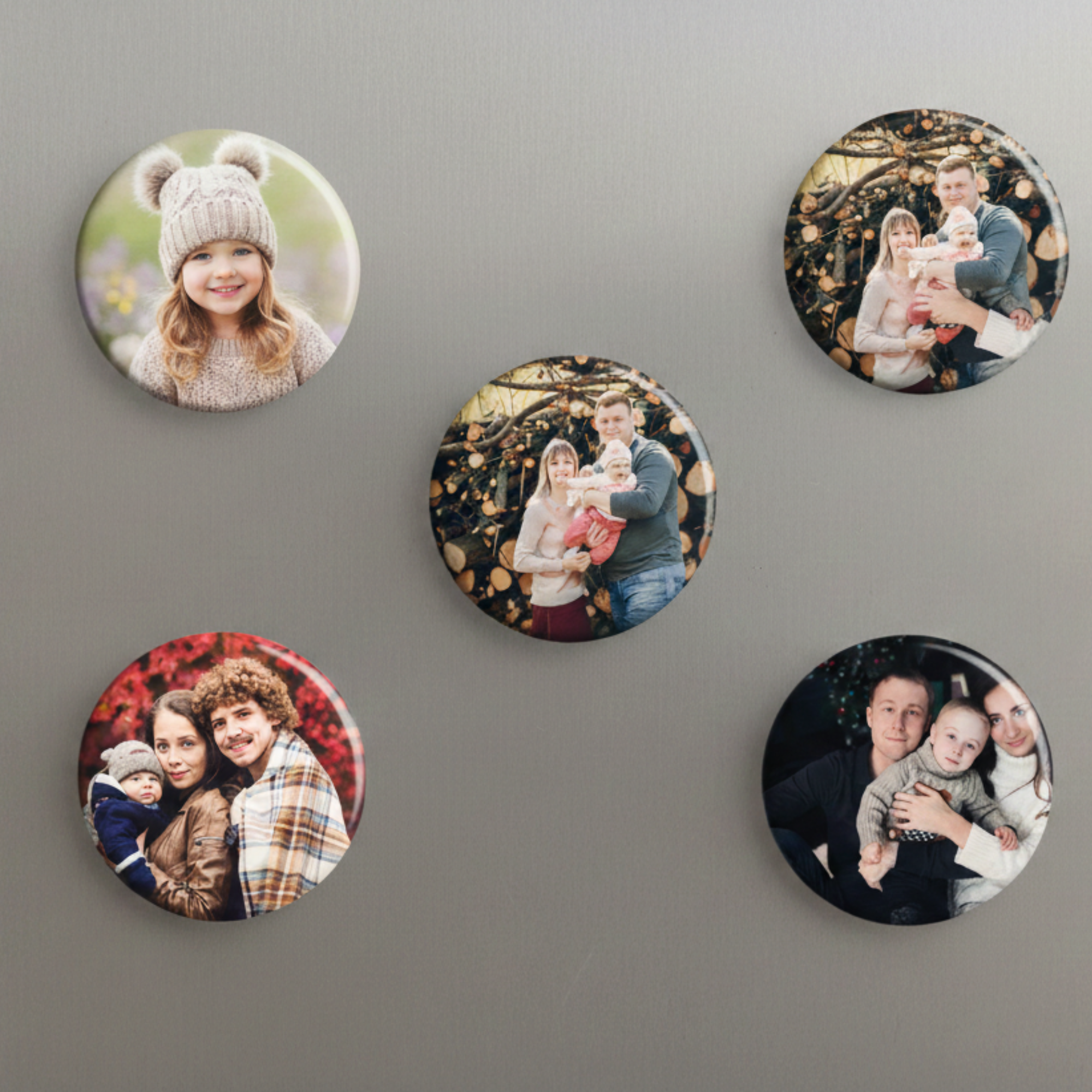Custom photo magnet in circle shape displayed on white background, personalized refrigerator decoration accessory
