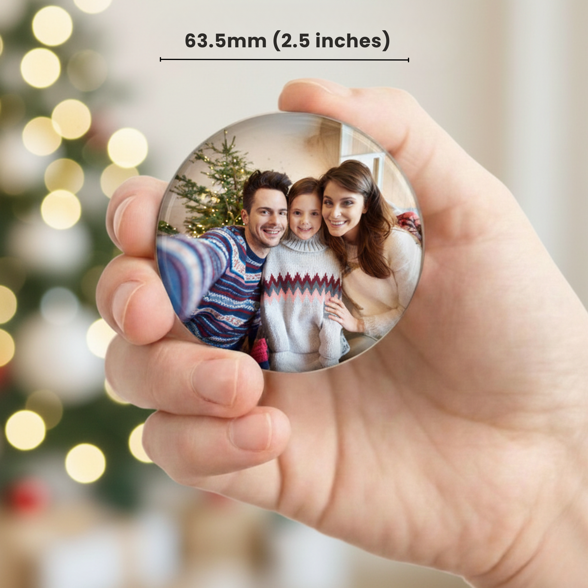 Custom photo magnet in circle shape displayed on white background, personalized round refrigerator magnet for photos