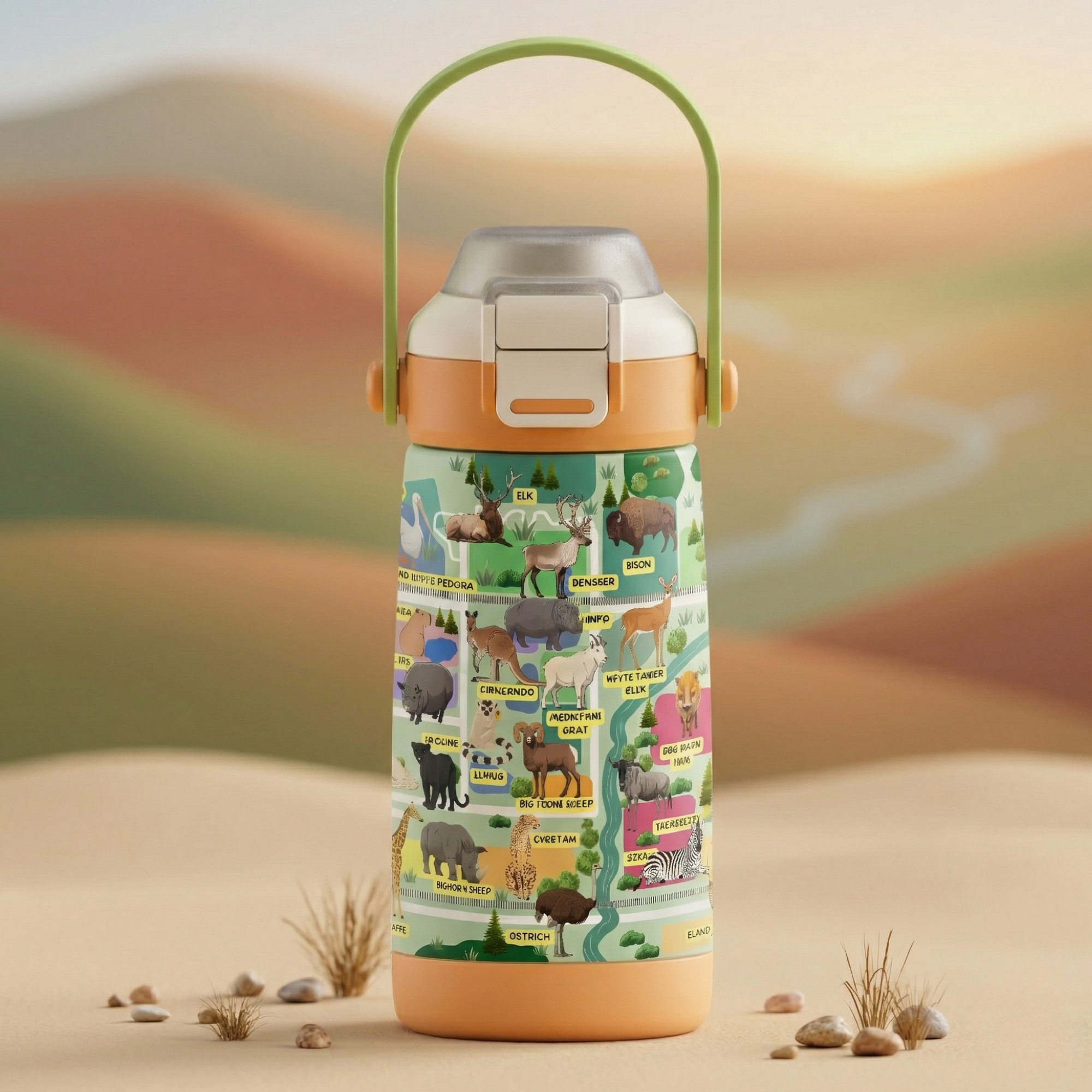 Goose 14 oz insulated kids water bottle with colorful zoo animal theme pattern, stainless steel construction