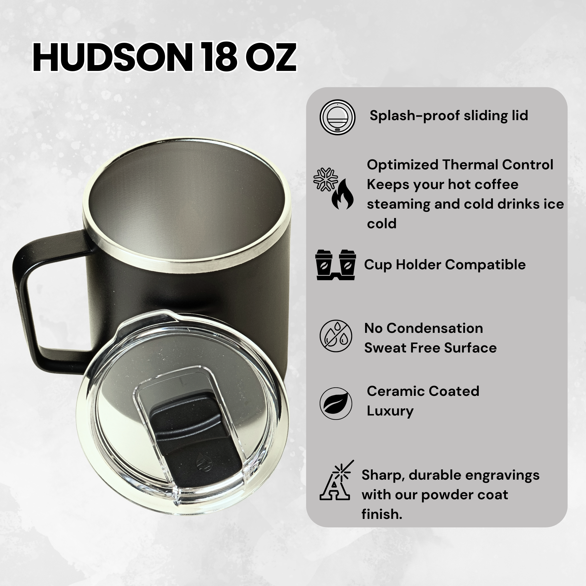LAMOSE Hudson 18 oz black stainless steel travel mug with handle, ceramic-coated interior, and clear splash-proof sliding lid.
