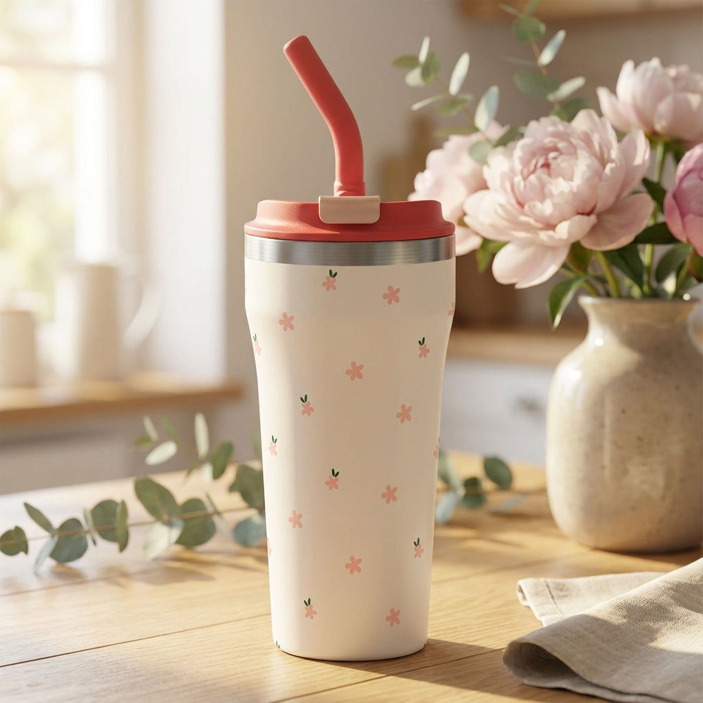 Cream LAMOSE Bow 16 oz tumbler with small pink floral pattern and peach straw standing on a wooden table next to a vase of peonies.