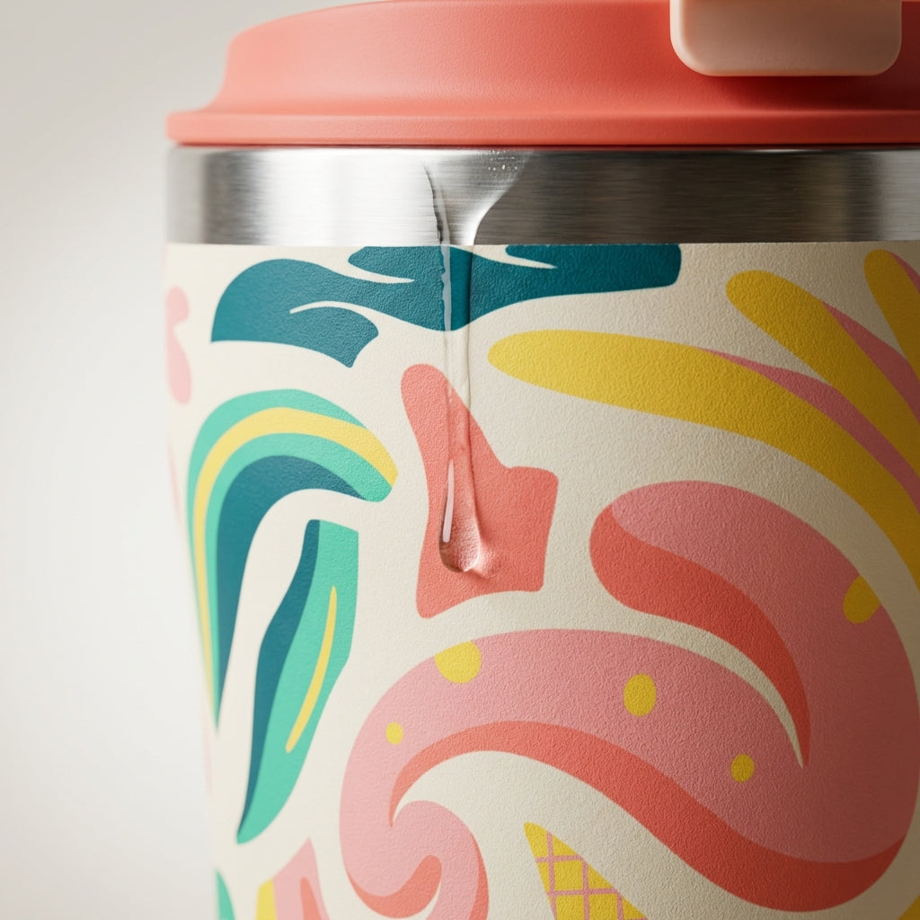 Detail shot - LAMOSE Bow 16 oz insulated tumbler featuring abstract pink and teal botanical shapes on cream background with a coral lid and straw.