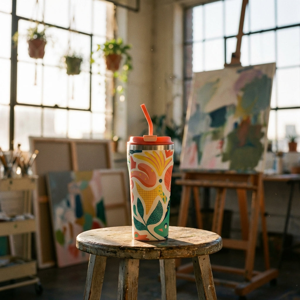 Lifestyle shot - LAMOSE Bow 16 oz insulated tumbler featuring abstract pink and teal botanical shapes on cream background with a coral lid and straw.