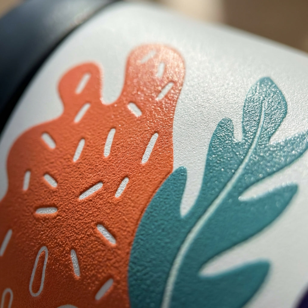 Detail shot - White 34oz insulated water bottle featuring abstract teal, orange, and purple botanical patterns on the top and bottom rim