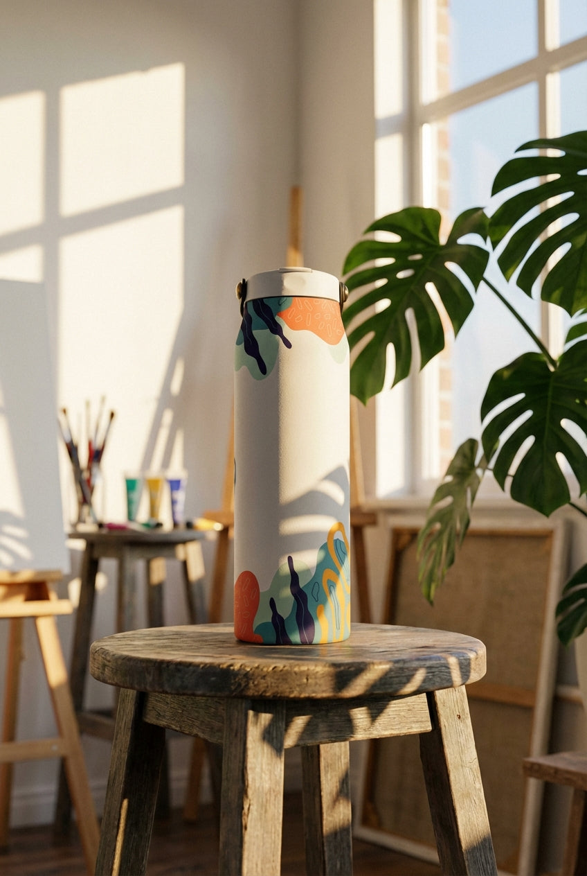 Lifestyle shot - White 34oz insulated water bottle featuring abstract teal, orange, and purple botanical patterns on the top and bottom rim