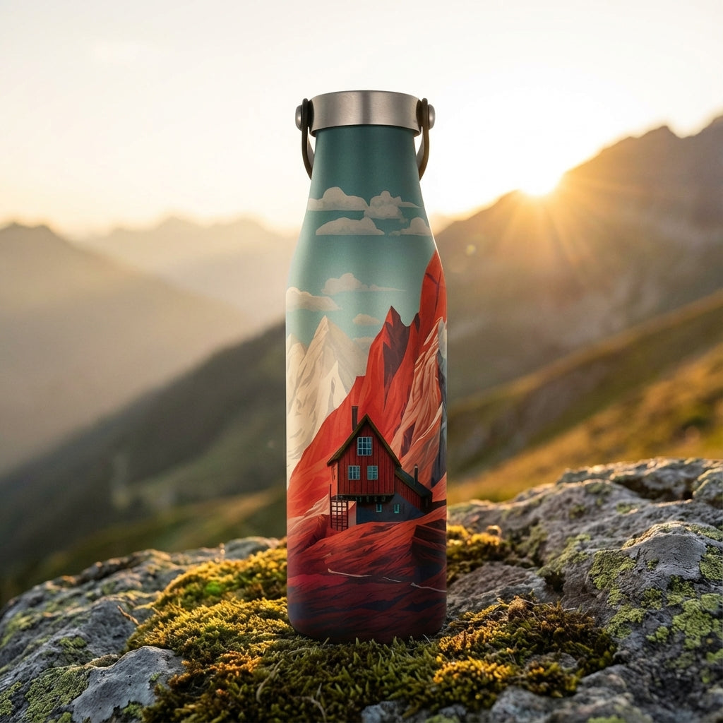 Lifestyle shot - LAMOSE Robson 21oz bottle featuring a teal to red gradient with a snowy mountain and cabin illustration.