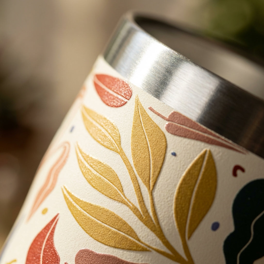 Detail shot - Cream 16oz insulated tumbler with red lid and straw featuring stylized gold, red, and green leaf pattern sitting on a rustic wooden surface.