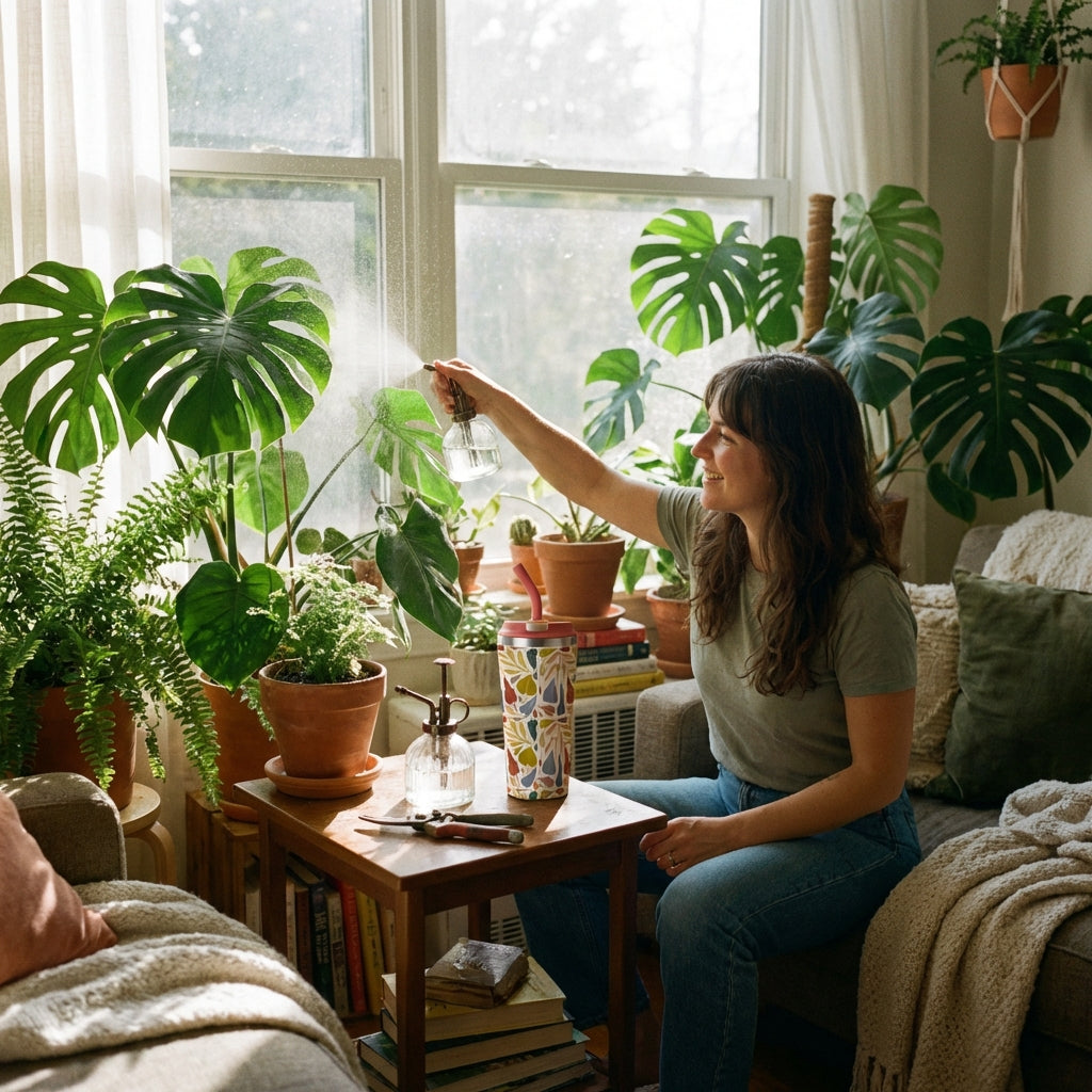 In-Use shot - Cream 16oz insulated tumbler with red lid and straw featuring stylized gold, red, and green leaf pattern sitting on a rustic wooden surface.