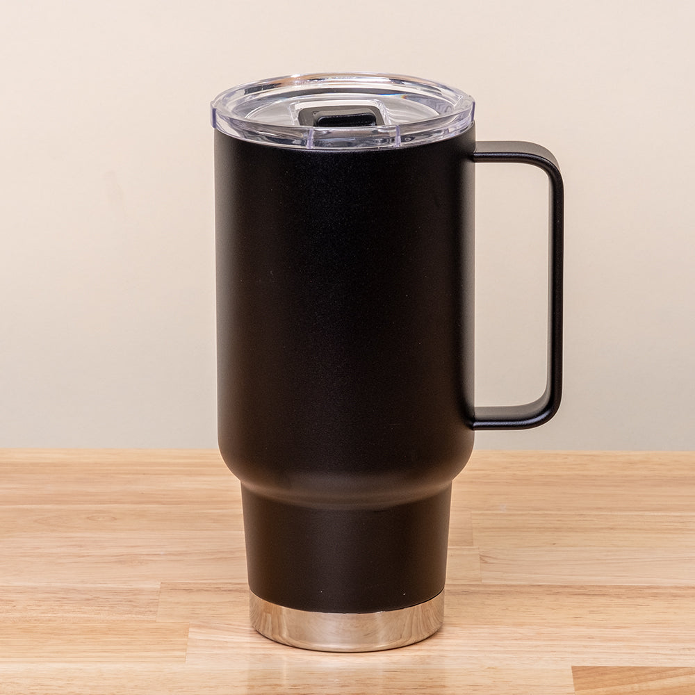 LAMOSE Baffin Pro Max 36 oz black stainless steel travel mug with handle, clear lid, and silver base, front view.