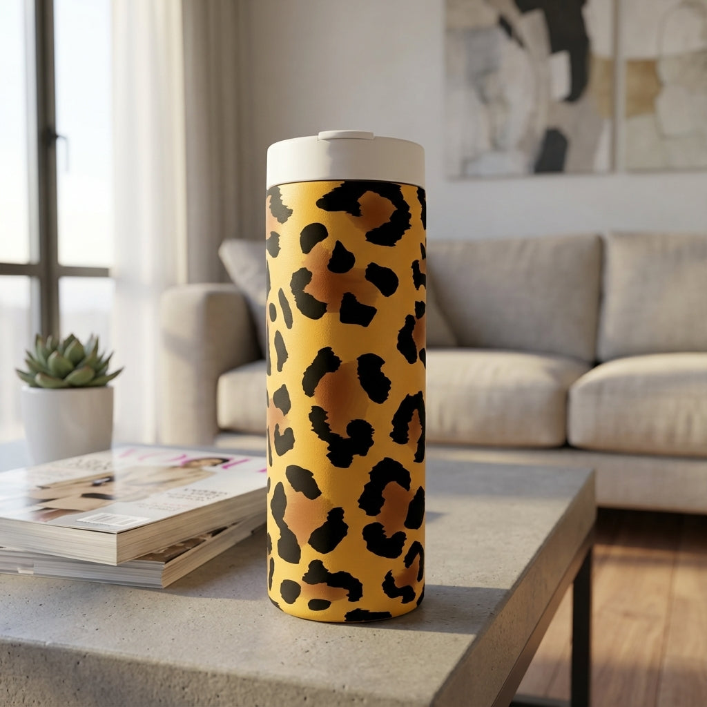 Grouse 16 oz insulated tumbler featuring a bold yellow background with a black and brown cheetah print pattern sitting on a coffee table.