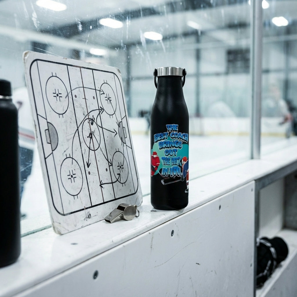 In-Use shot - Black LAMOSE Robson 21oz water bottle featuring 'The Best Coach Brings Out The Best In You' design with hockey players, sitting on a bench with a puck and glove.
