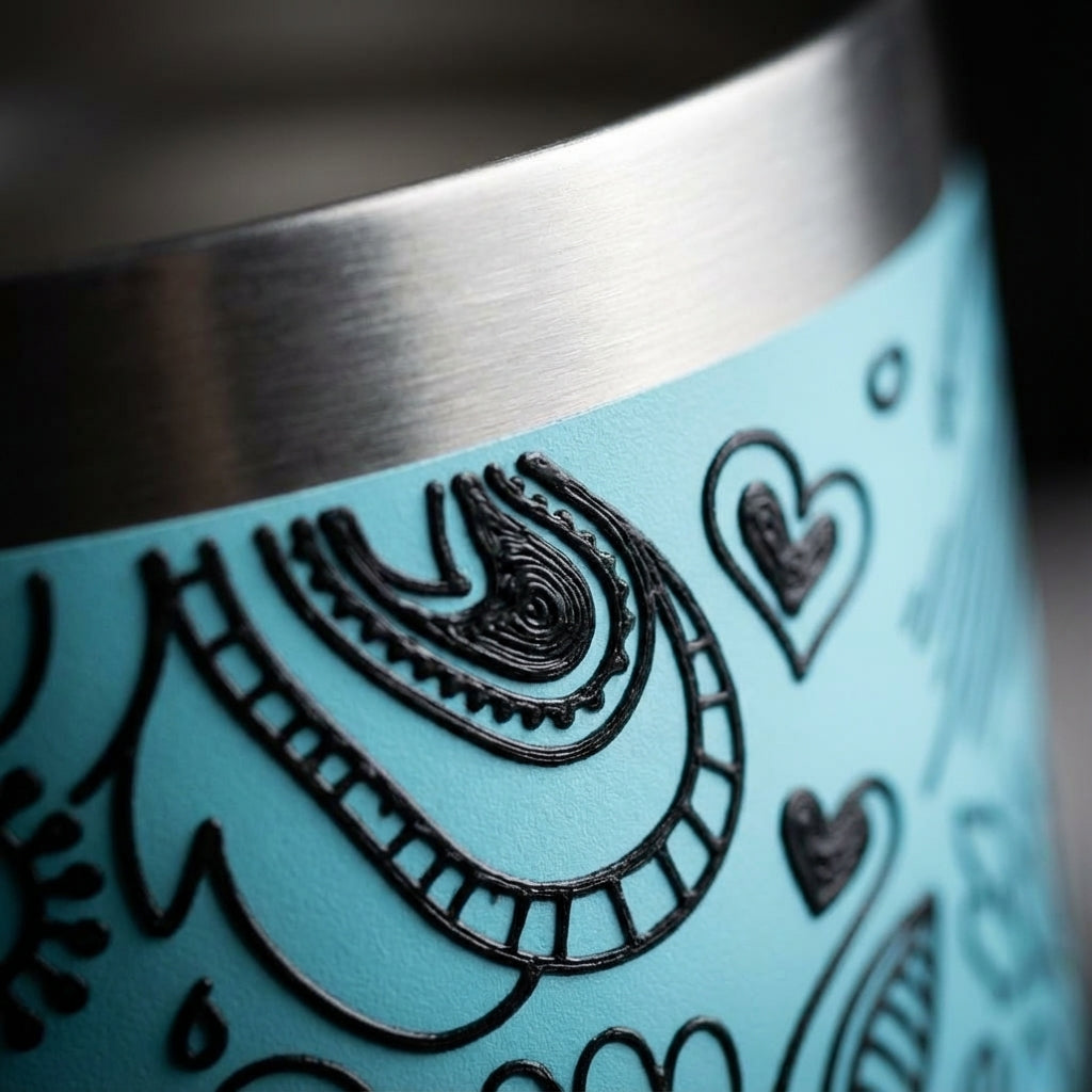 Detail shot - Peyto 16oz metal tumbler featuring a light blue background with black abstract doodles, paisley shapes, and floral patterns standing on an art studio table.