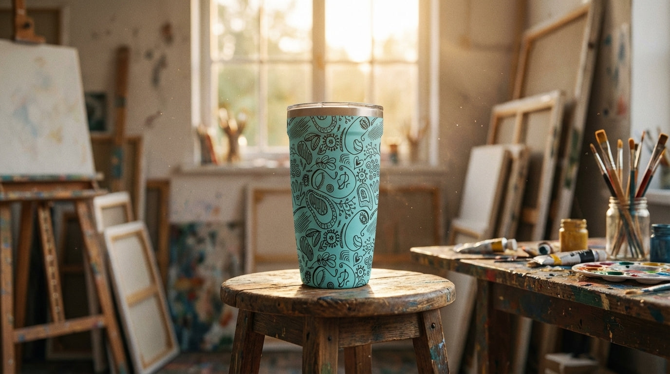 Lifestyle shot - Peyto 16oz metal tumbler featuring a light blue background with black abstract doodles, paisley shapes, and floral patterns standing on an art studio table.