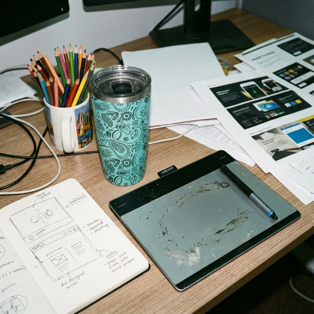 In-Use shot - Peyto 16oz metal tumbler featuring a light blue background with black abstract doodles, paisley shapes, and floral patterns standing on an art studio table.