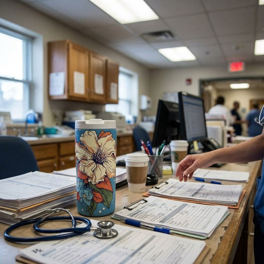 In-Use shot - LAMOSE Grouse 12oz tumbler in light blue featuring a cream and orange floral pattern with white polka dots, sitting on a wooden table in sunlight.