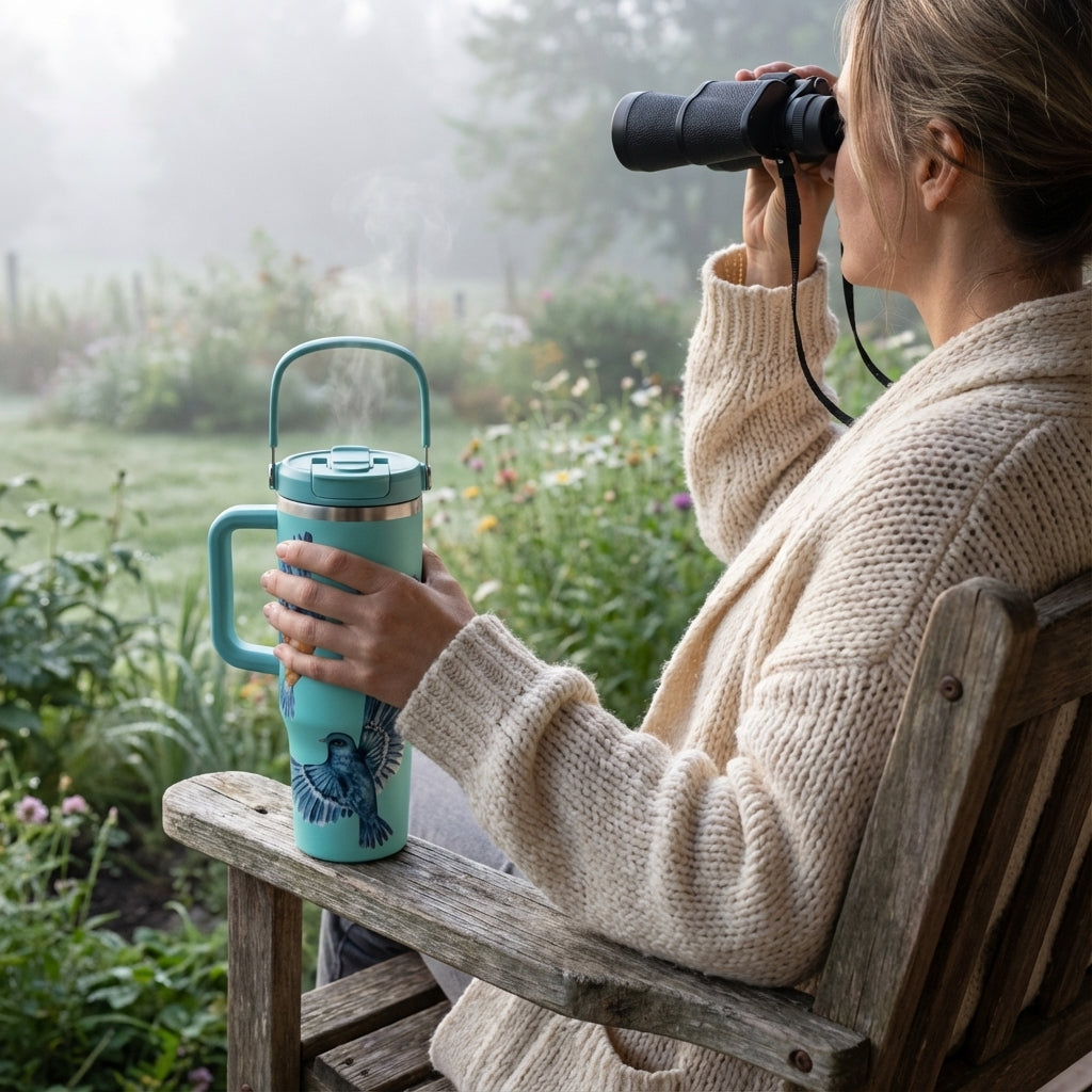 In-Use shot - Muted teal Cascade 40oz tumbler featuring watercolor bluebirds in flight decal, insulated stainless steel travel mug with grey handle and lid.