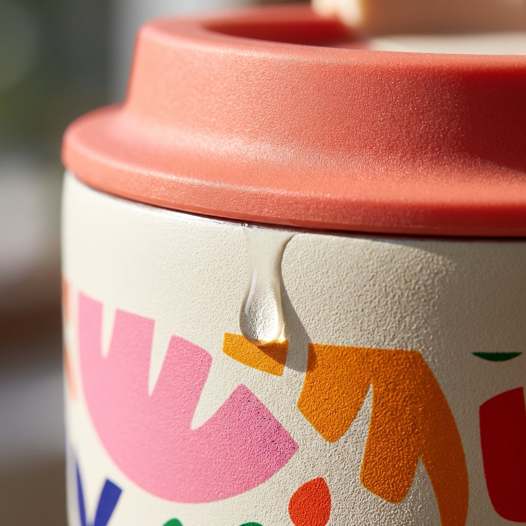 Detail shot - LAMOSE Bow 16 oz stainless steel tumbler featuring colorful abstract organic shapes in pink, orange, and green on an off-white background with a coral lid.