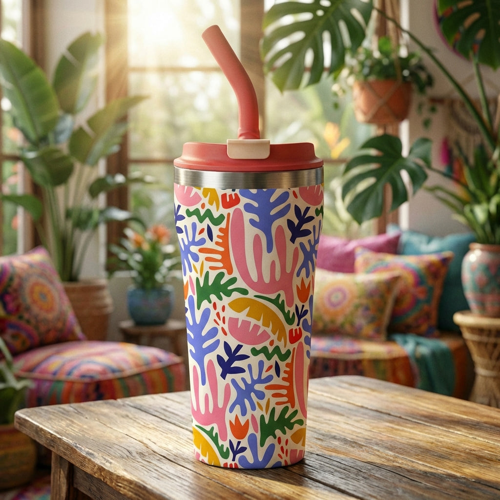 Lifestyle shot - LAMOSE Bow 16 oz stainless steel tumbler featuring colorful abstract organic shapes in pink, orange, and green on an off-white background with a coral lid.