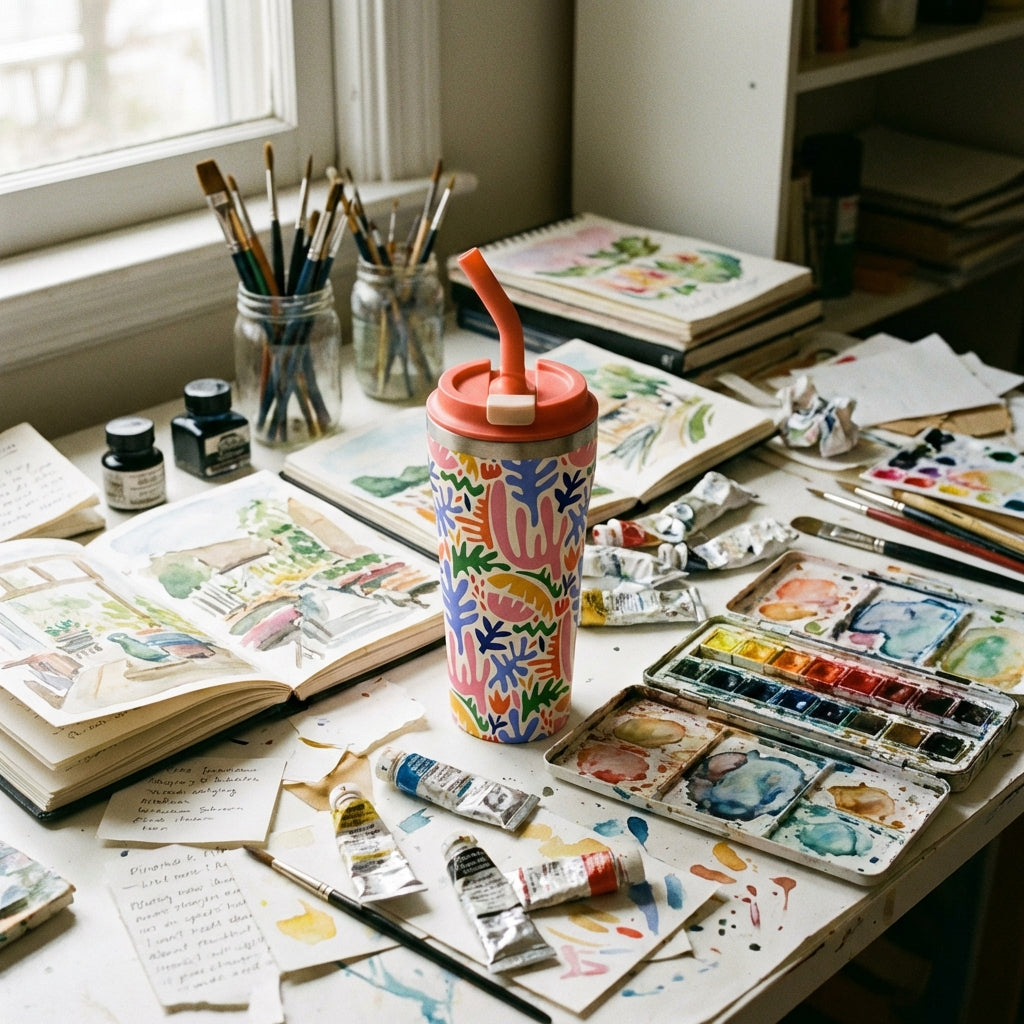 In-Use shot - LAMOSE Bow 16 oz stainless steel tumbler featuring colorful abstract organic shapes in pink, orange, and green on an off-white background with a coral lid.