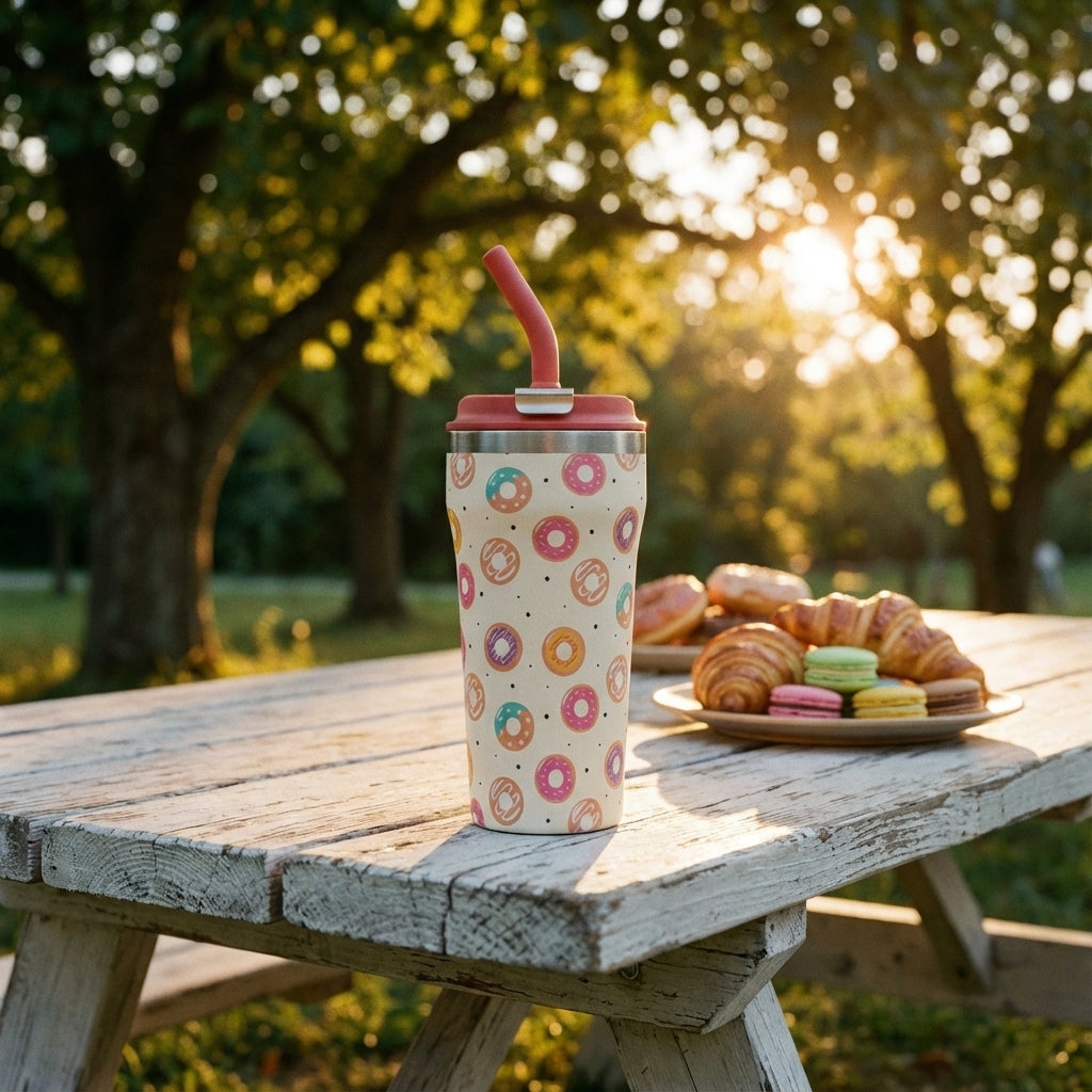 Lifestyle shot - LAMOSE Bow 16 oz insulated tumbler featuring a colorful pink and teal donut pattern on off-white with a red straw