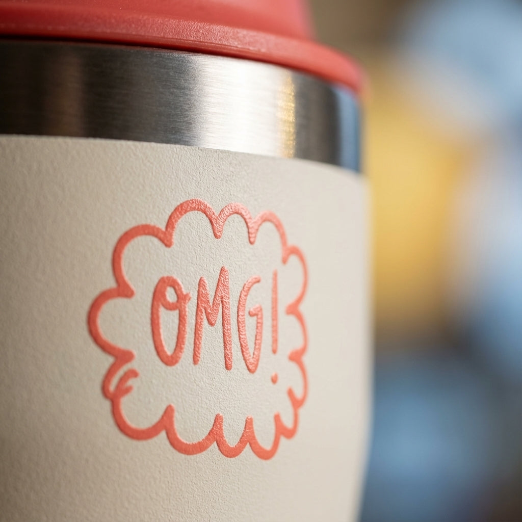 Detail shot - Off-white LAMOSE Bow 16 oz tumbler with coral lid, featuring colorful speech bubbles with text like OMG, LOL, and Miss You, surrounded by hearts and stars.