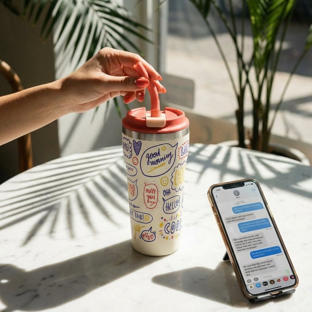 Lifestyle shot - Off-white LAMOSE Bow 16 oz tumbler with coral lid, featuring colorful speech bubbles with text like OMG, LOL, and Miss You, surrounded by hearts and stars.