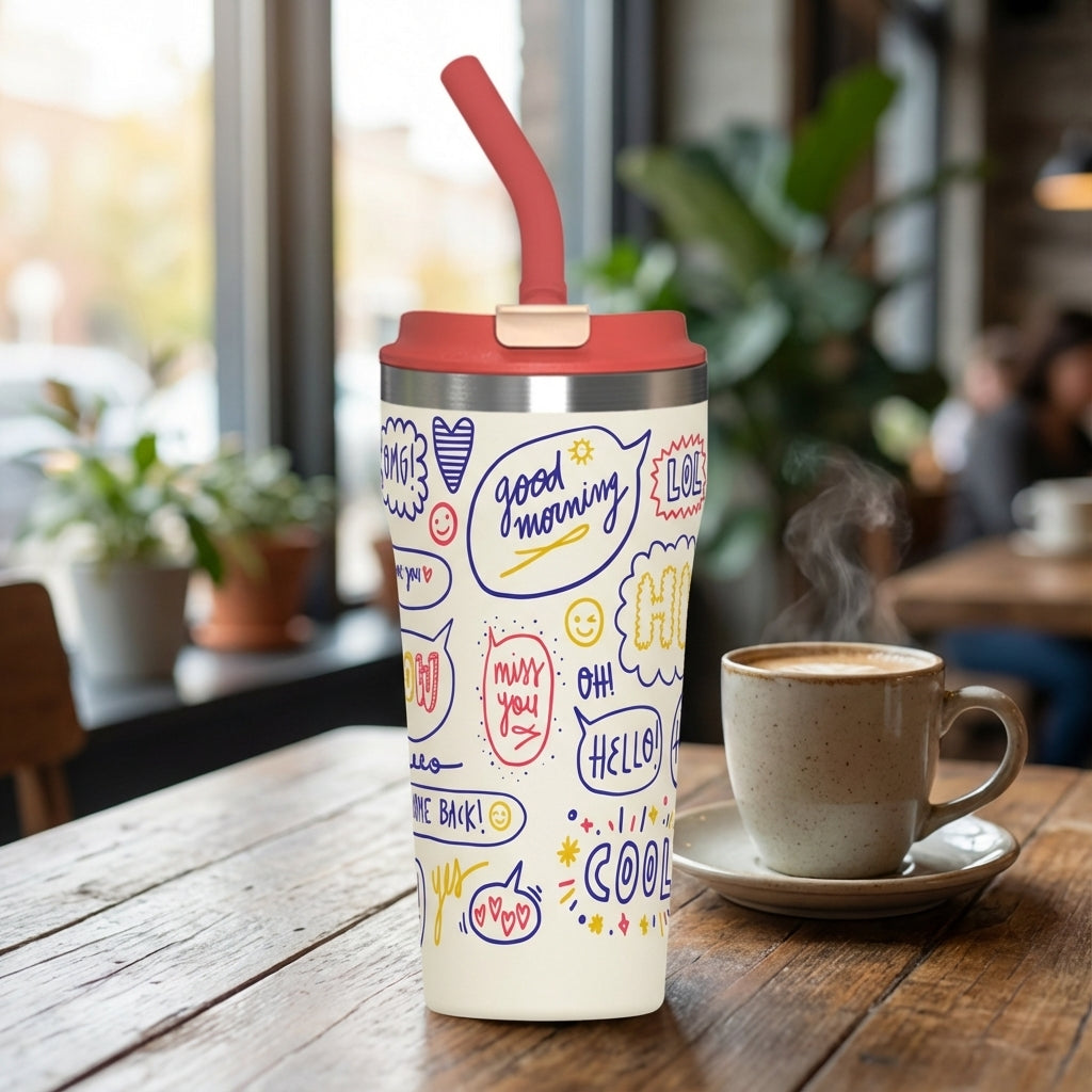 Off-white LAMOSE Bow 16 oz tumbler with coral lid, featuring colorful speech bubbles with text like OMG, LOL, and Miss You, surrounded by hearts and stars.