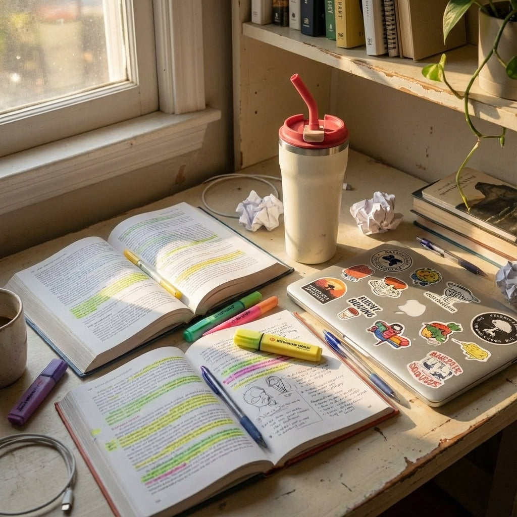 In-Use shot - Off-white LAMOSE Bow 16 oz tumbler with coral lid, featuring colorful speech bubbles with text like OMG, LOL, and Miss You, surrounded by hearts and stars.