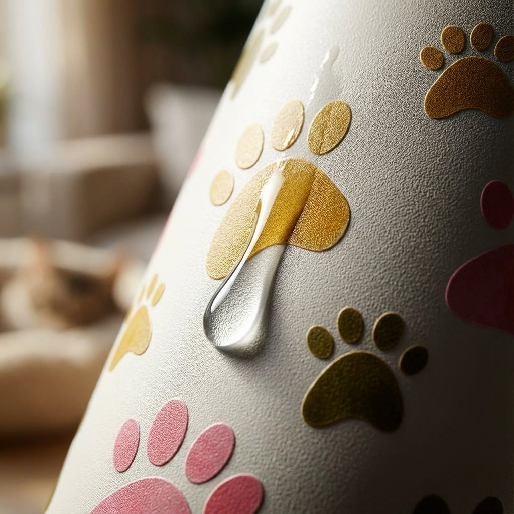 Detail shot - Cream 16oz insulated tumbler with pink, gold, and green paw print pattern sitting on a wooden coffee table near a cat.