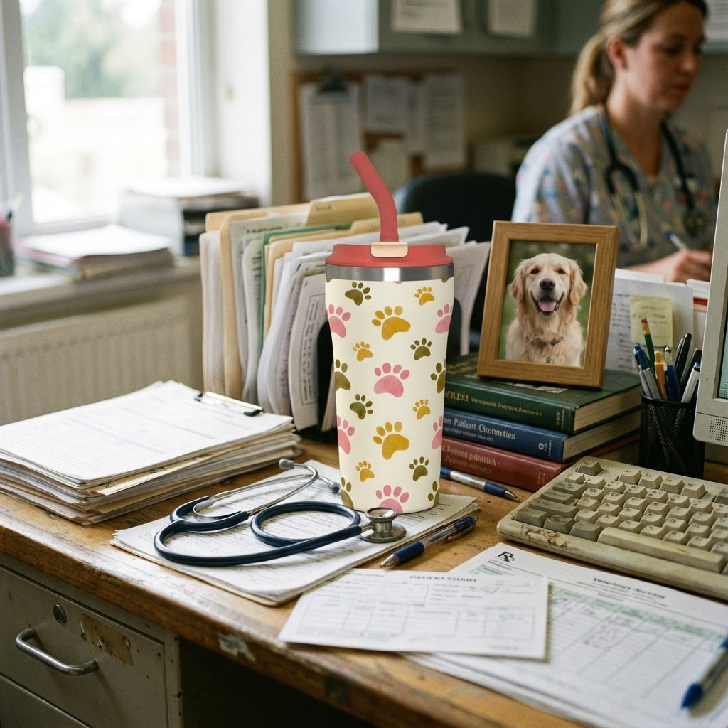 In-Use shot - Cream 16oz insulated tumbler with pink, gold, and green paw print pattern sitting on a wooden coffee table near a cat.
