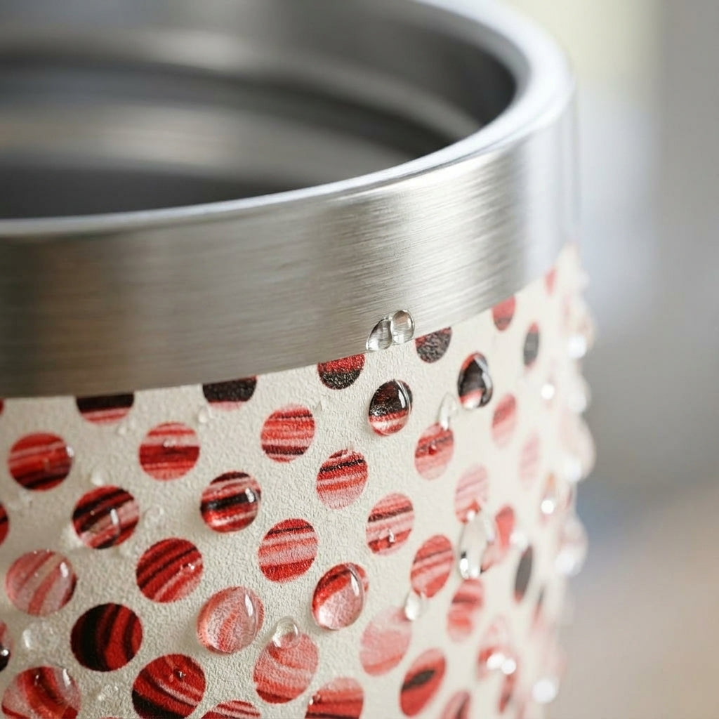 Detail shot - White LAMOSE Bow 16oz tumbler featuring abstract red dots and wavy black lines with a matching red lid and straw sitting on a creative office desk.