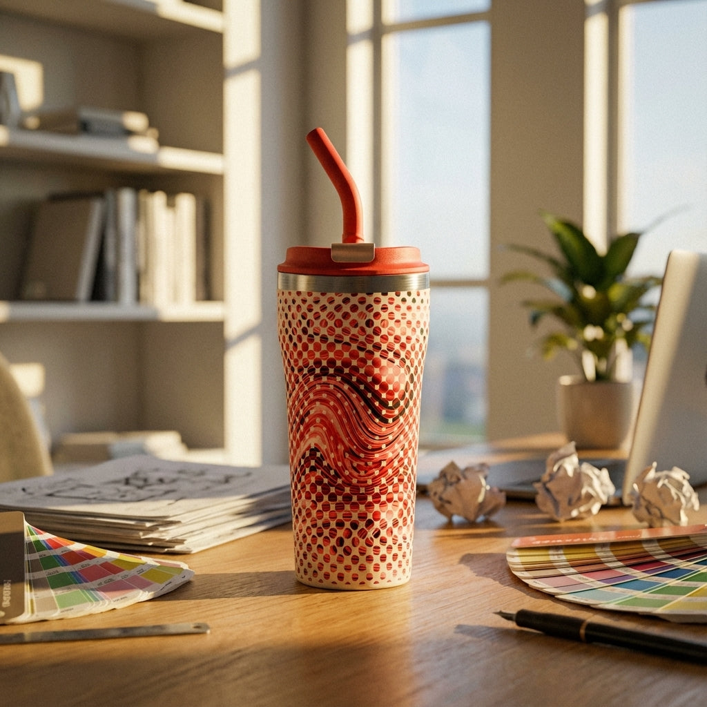 Lifestyle shot - White LAMOSE Bow 16oz tumbler featuring abstract red dots and wavy black lines with a matching red lid and straw sitting on a creative office desk.