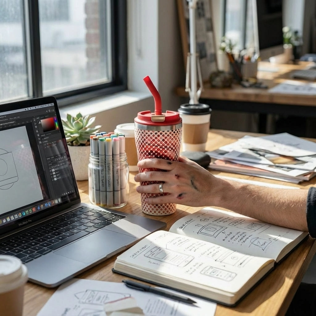 In-Use shot - White LAMOSE Bow 16oz tumbler featuring abstract red dots and wavy black lines with a matching red lid and straw sitting on a creative office desk.