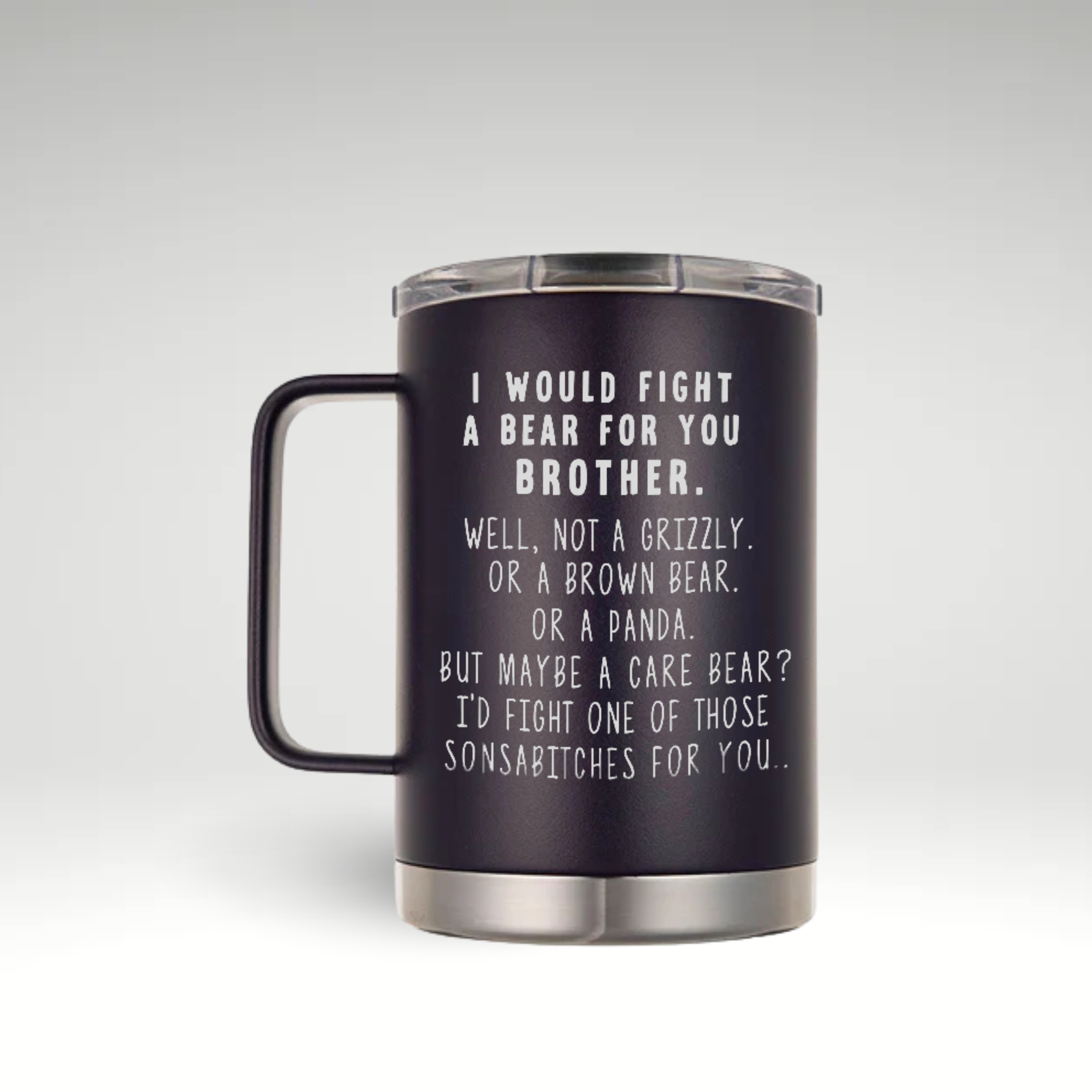 Dark purple stainless steel insulated travel mug with a funny engraved quote: "I would fight a bear for you, brother." This personalized coffee mug features double-wall vacuum insulation, a spill-resistant lid, and a durable handle. Perfect gift for brothers, best friends, or Father's Day, keeping drinks hot or cold for hours.