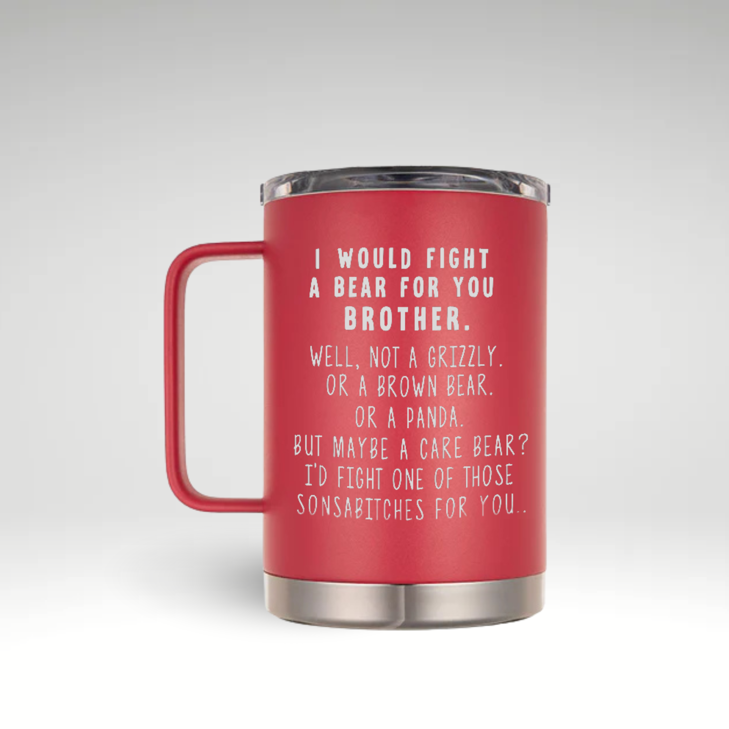 Red stainless steel insulated travel mug with a funny engraved quote: "I would fight a bear for you, brother." This personalized coffee mug features double-wall vacuum insulation, a spill-resistant lid, and a durable handle. Perfect gift for brothers, best friends, or Father's Day, keeping drinks hot or cold for hours.