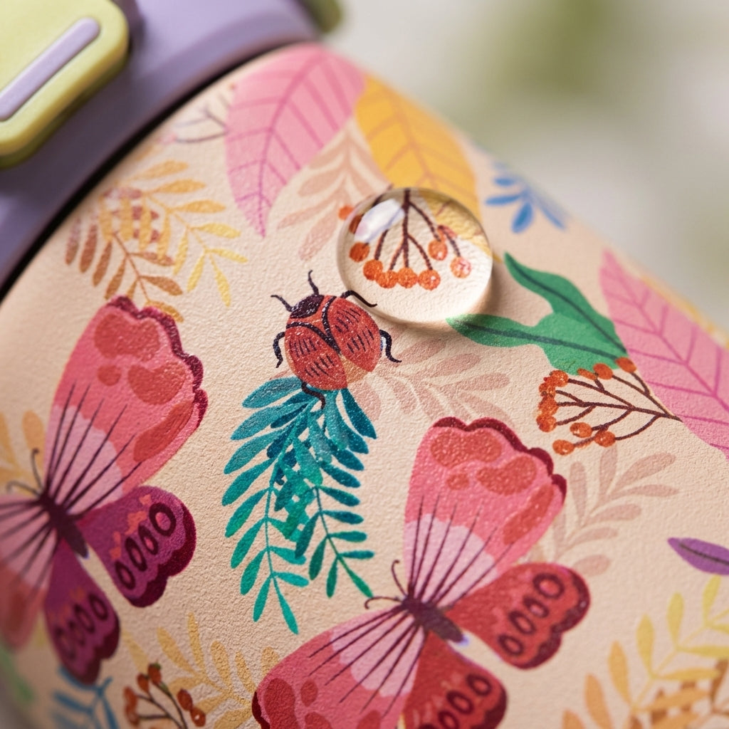 Detail shot - Close up of beige LAMOSE Goose 14oz kids water bottle with butterfly and ladybug pattern resting in a field of wildflowers