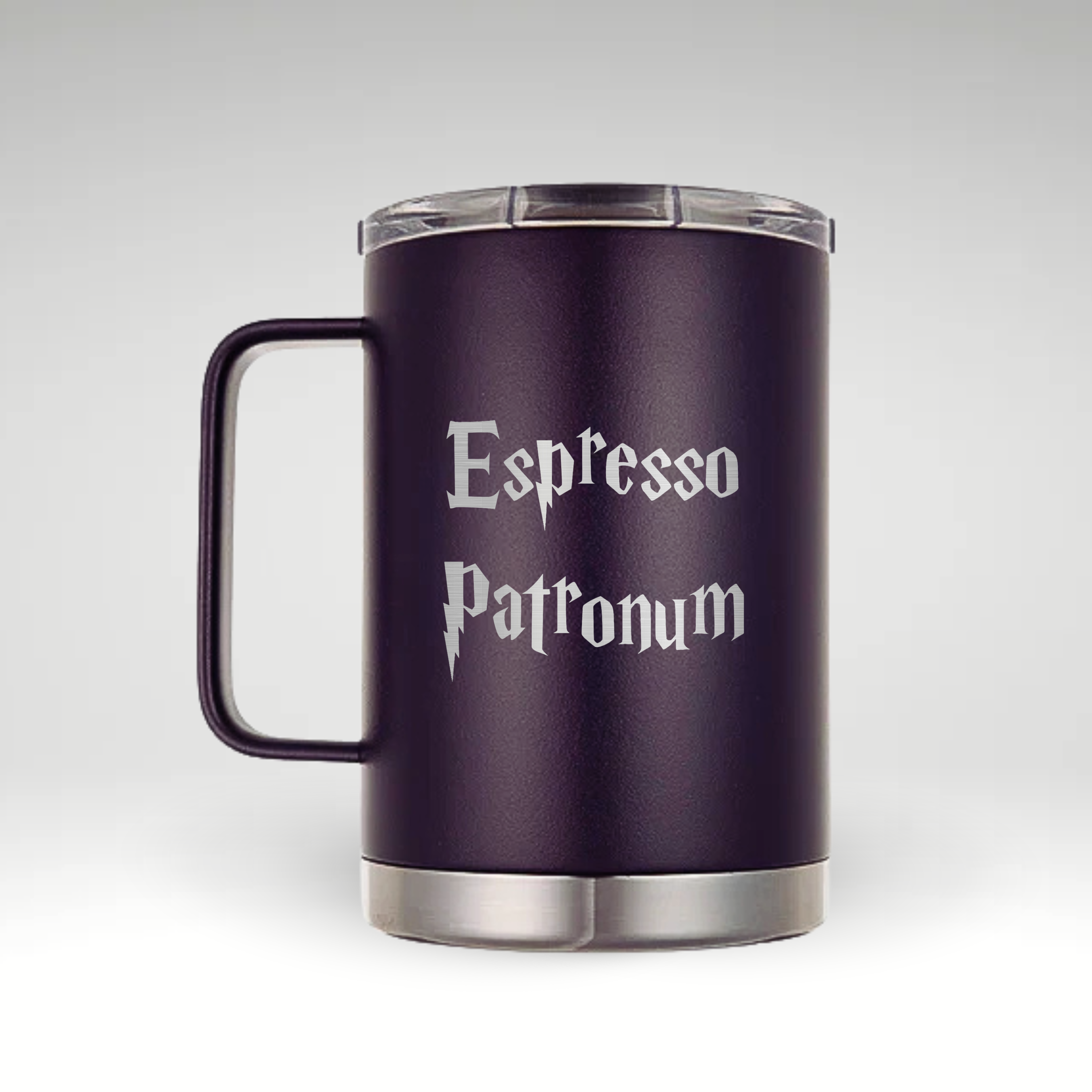 Espresso Patronum: Magical Insulated Mug Espresso Patronum insulated mug with gothic fantasy typography and lightning bolt motifs on a purple background.