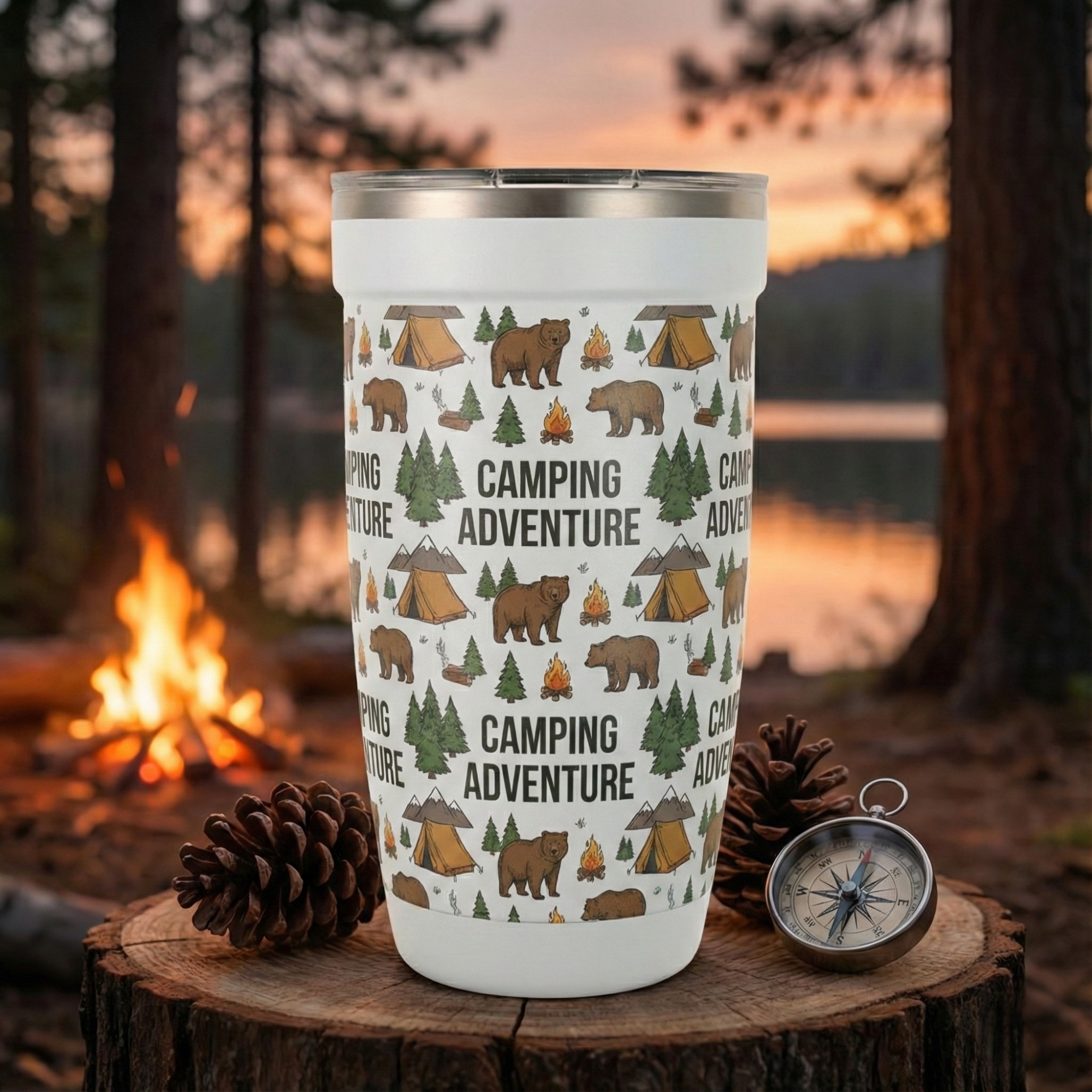 White LAMOSE Peyto 16oz tumbler featuring a 5D printed pattern of brown bears, tents, pine trees, campfires, and 'Camping Adventure' text.