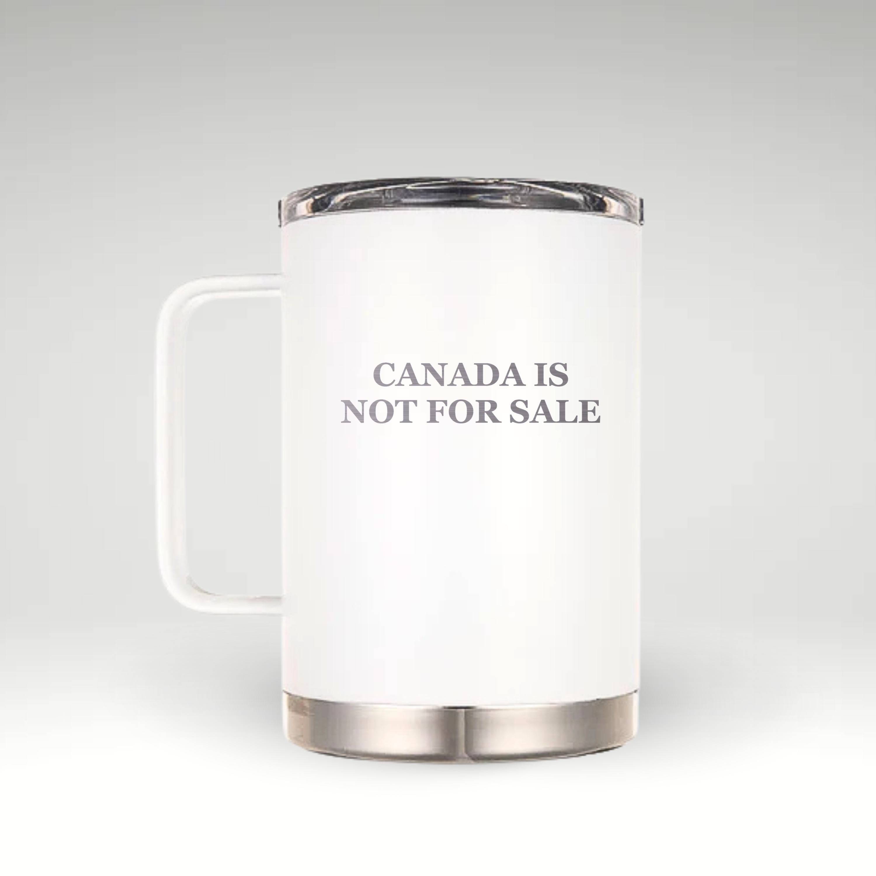 Ceramic White insulated mug engraved with 'Canada Is Not For Sale,' a bold statement piece for proud Canadians.