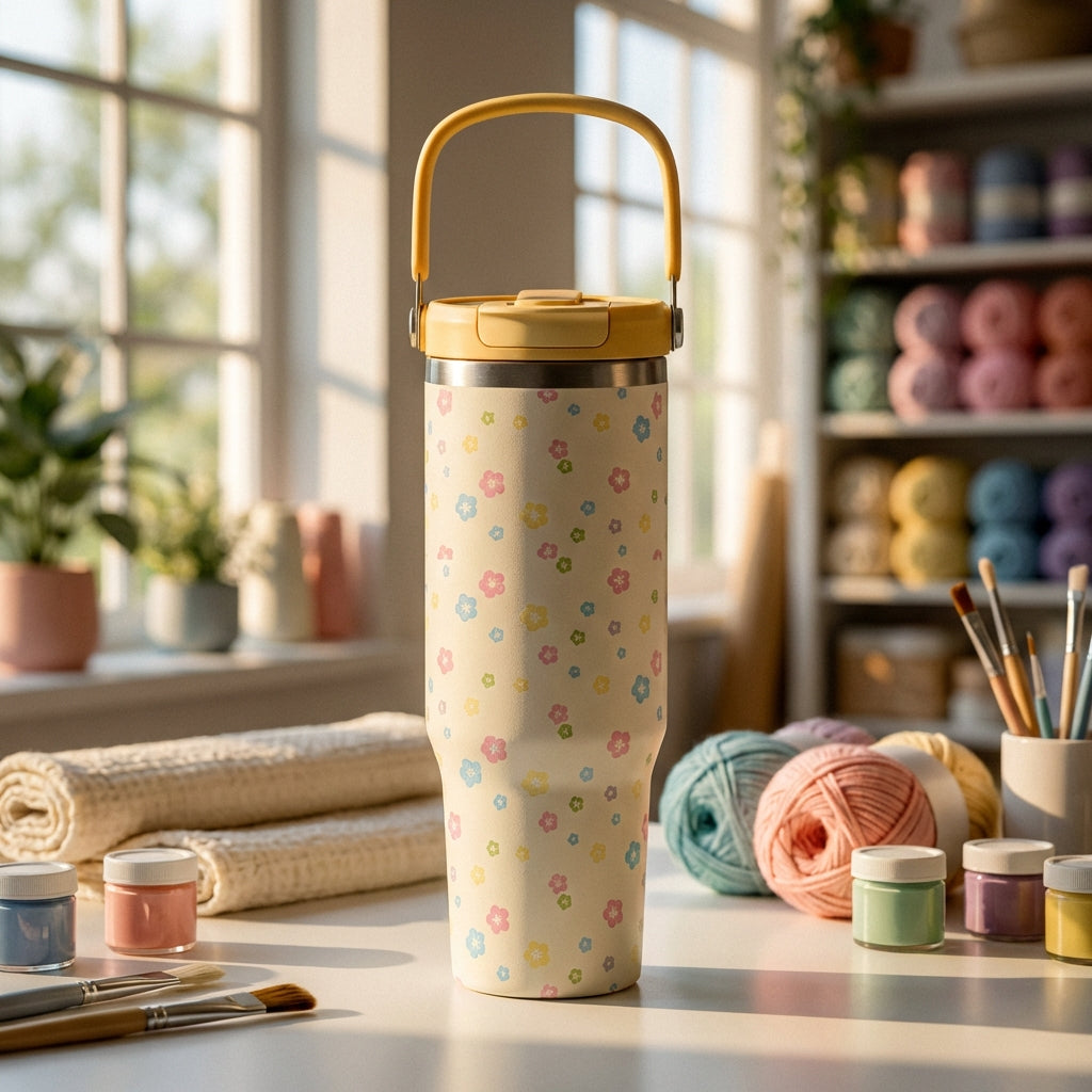 Lifestyle shot - Cream colored 40 oz insulated tumbler with pastel flower pattern sitting on a white crafting table surrounded by yarn and knitting needles