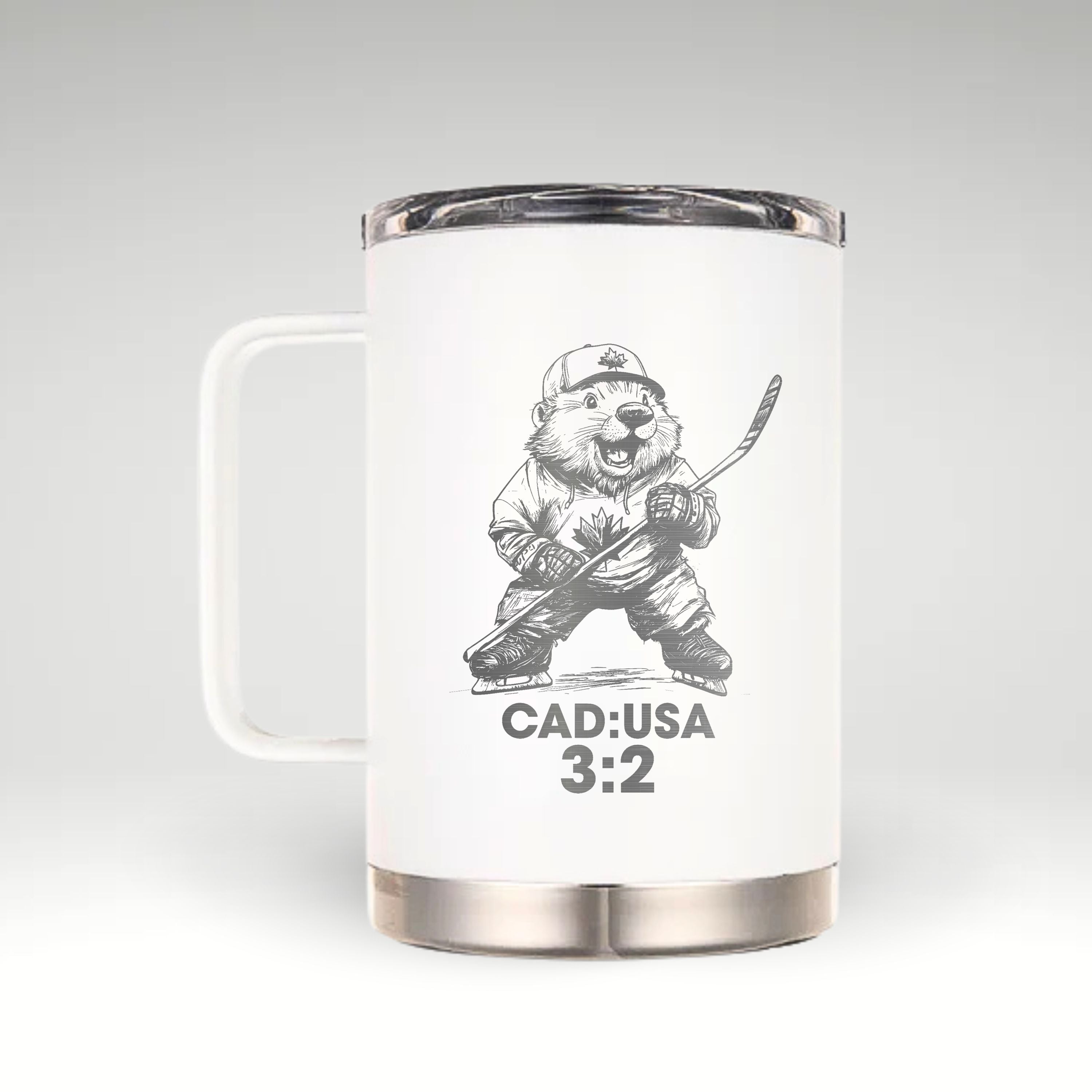 Celebrate Canada’s Overtime Win with Our Beaver Mug Cartoon beaver in Canadian hockey uniform with hockey stick and score CAD:USA 3:2 on an insulated mug.