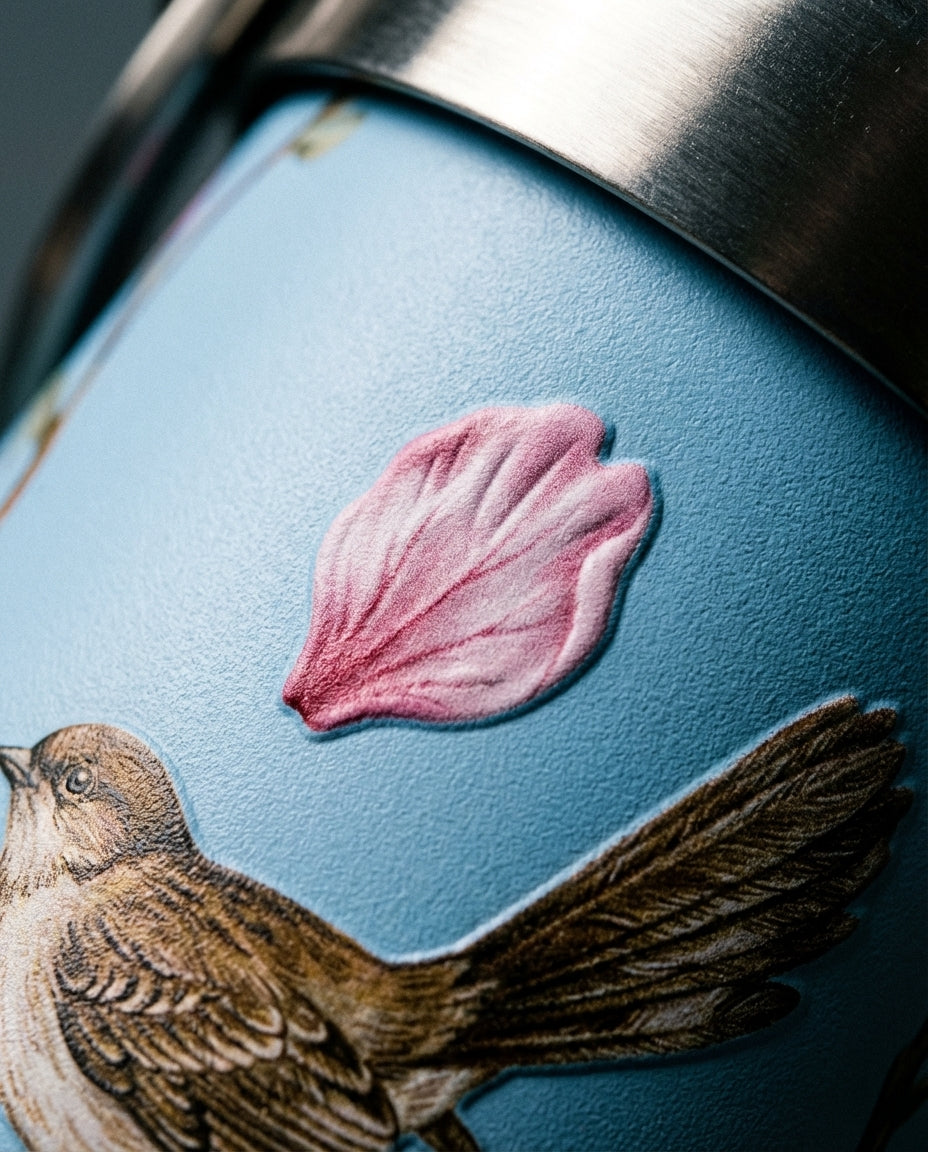 Detail shot - Robson 21 oz insulated water bottle featuring a light blue background with pink cherry blossoms and brown birds, sitting on a sunlit wooden table.