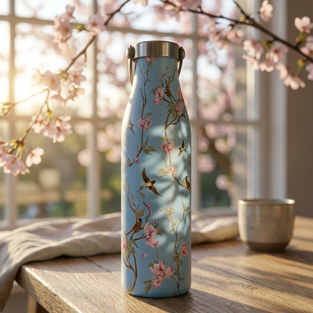 Lifestyle shot - Robson 21 oz insulated water bottle featuring a light blue background with pink cherry blossoms and brown birds, sitting on a sunlit wooden table.